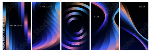 Abstract Technology Background Collection With Flowing Gradient Curves. Collection of five vertical abstract technology backgrounds featuring flowing gradient curves, glowing lines, blue and purple co