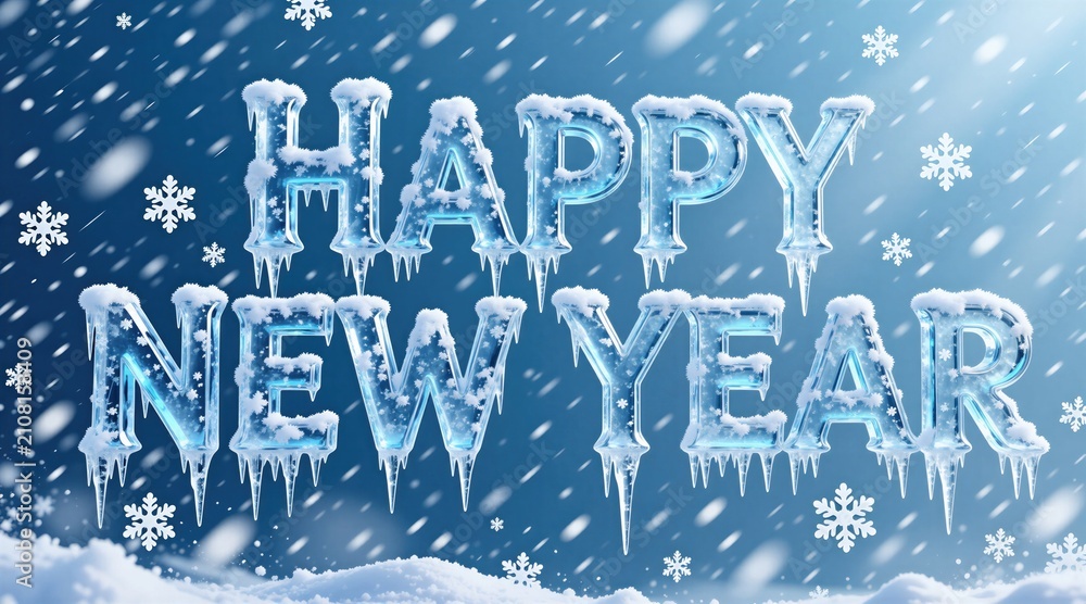 Fototapeta premium Frozen ice letters spell Happy New Year with falling snowflakes on a blue winter backdrop. Snow covers the letters and ground, creating a festive, cold atmosphere.