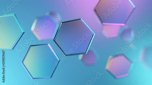 Floating Hexagonal Shapes in Soft Pastel Gradient Background.