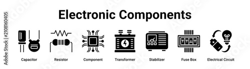 Tableau sur toile Electronic Components web banner icon vector illustration concept for technology with icon of Capacitor, Resistor, Component, Transformer, Stabilizer, Fuse Box