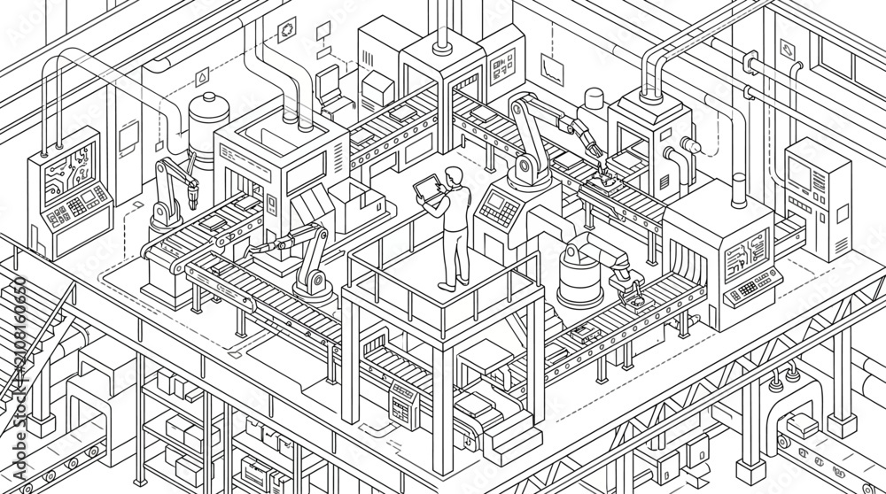 Fototapeta premium An isometric line art illustration shows a technician inspecting machinery in a factory.