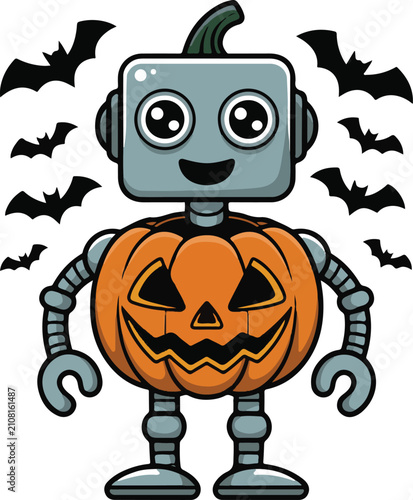 Fotografía Cute cartoon robot character dressed in a Jack o lantern pumpkin costume for the