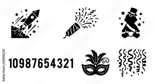 Foto Celebration Icons: Rocket Launch, Party Popper, Masquerade Mask, Confetti, and B