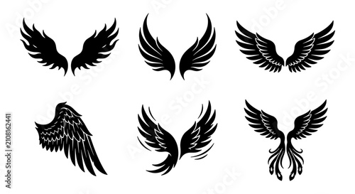 Canvastavla Diverse Black Angel Wings Vector Icons Set, Heraldic Feathered Wing Symbols, Tat