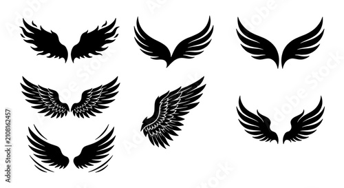 Konstfotografi Diverse Black Wing Silhouettes, Angelic Feathered Designs, Gothic and Tribal Sty