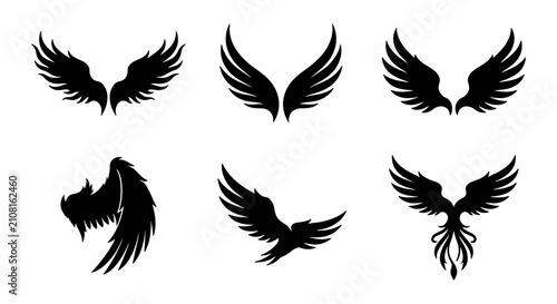 Konstfotografi Six Black Silhouette Wing Icons, Angelic and Mythical Bird Designs, Vector Graph