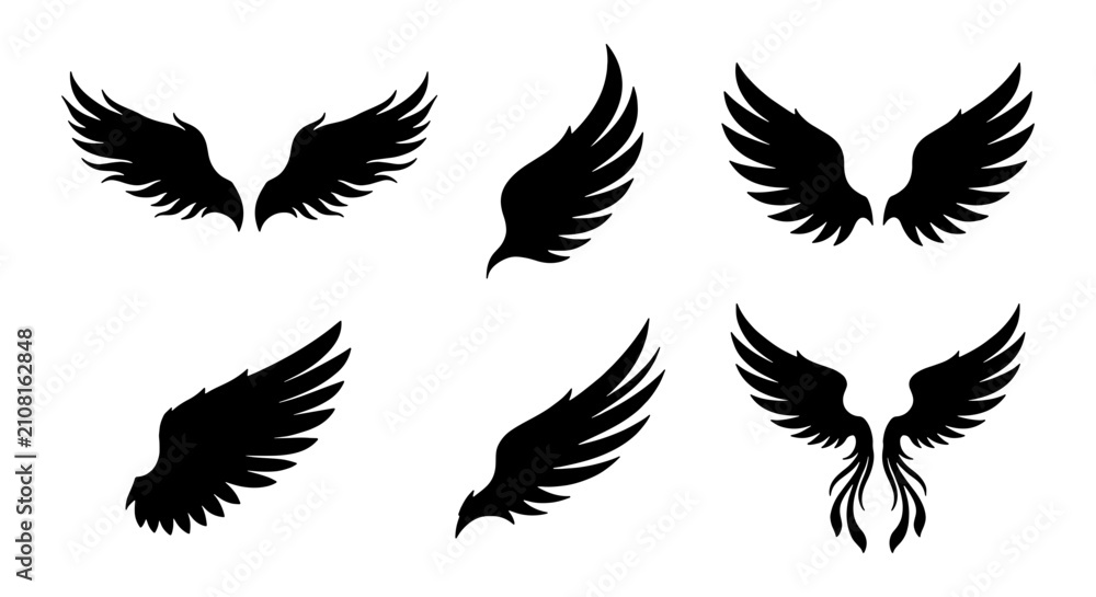 Naklejka premium Black Angel Wings Vector Icons Set, Diverse Feathered Wing Silhouettes for Graphic Design Projects, Tattoo Art, and Emblems