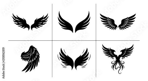 Canvastavla Black Silhouette Wing Icons Set, Angelic Feathers and Phoenix Designs, Vector Gr