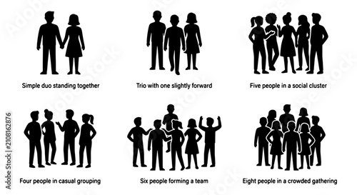 Diverse Human Group Silhouettes, 6 Scenes of People in Social Clusters, Teams, and Gatherings, Vector Icons for Community and Connection Concepts