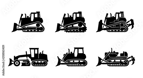 Tableau sur toile Bulldozer Icons Set, Construction Vehicle Silhouettes, Heavy Machinery Vector Gr