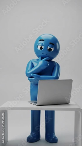 Cute expressive minimalist 3D character typing on laptop and thinking at office desk creative workflow concept