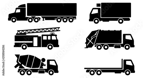 Cuadro en lienzo Diverse Commercial Truck Silhouettes, 6 Vector Icons: Semi-trailer, Box Truck, F