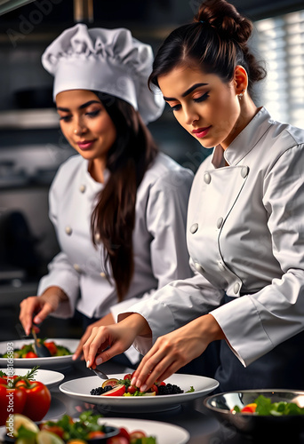 Two female chefs preparing ...
