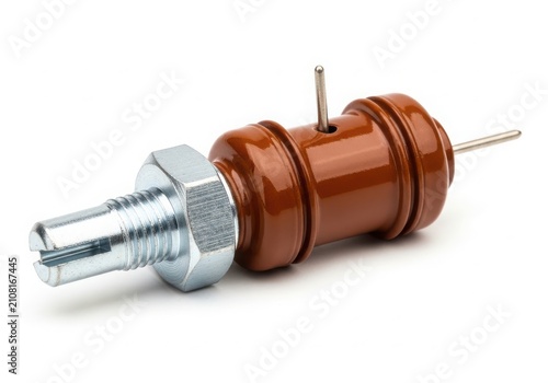 Close-up of brass potentiometer knob with shaft isolated on white background