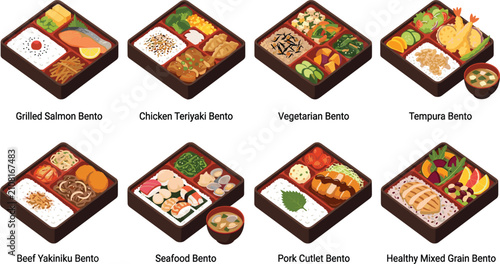Japanese Bento Box Isometric Vector Food Set with Sushi Teriyaki Tempura and Healthy Lunch Meals