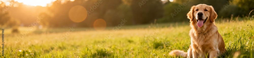 Obraz premium Happy golden retriever dog sitting in summer meadow. Wide panoramic web banner with copy space. Pet care website header background