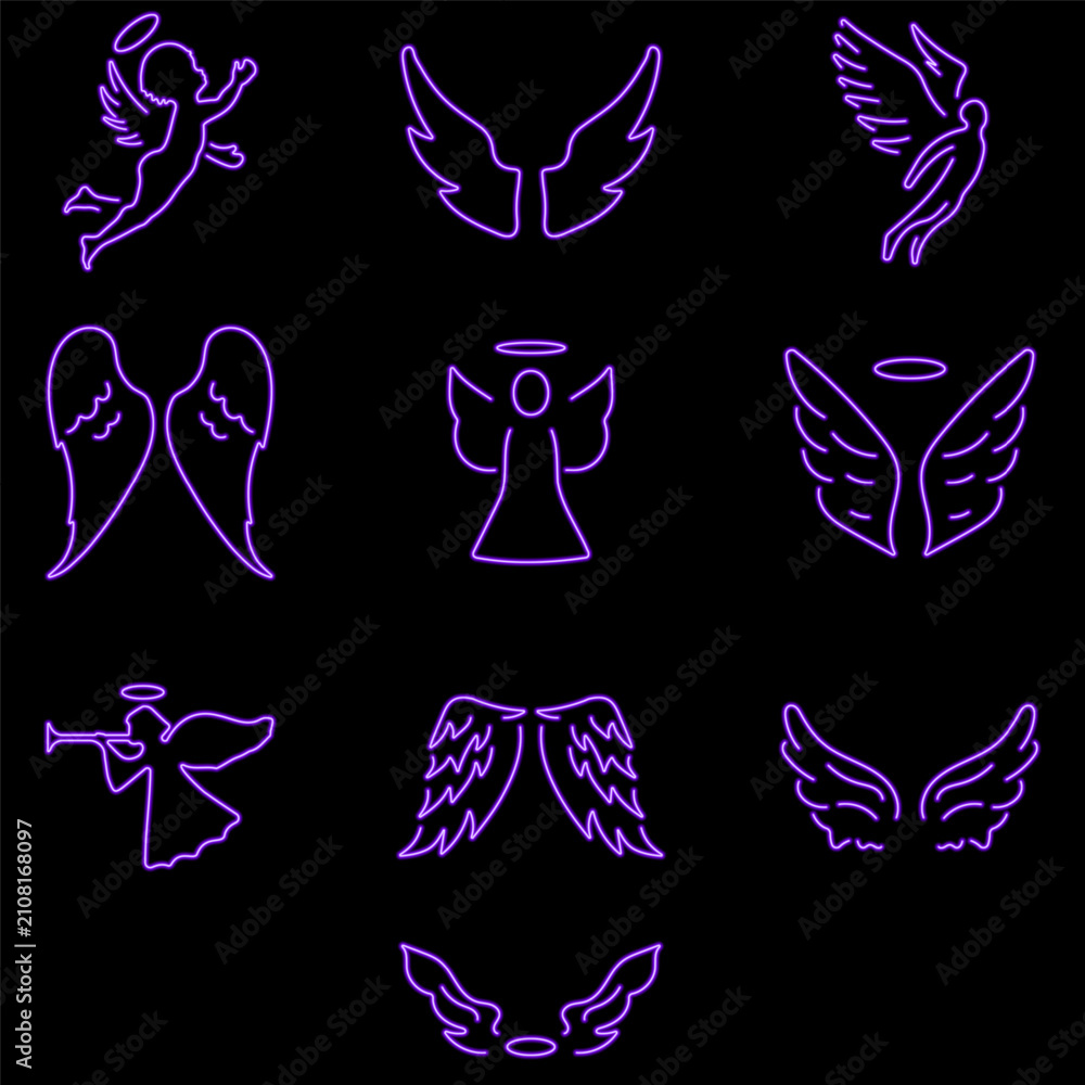 Obraz premium neon angel wings and nimbus vector icons set