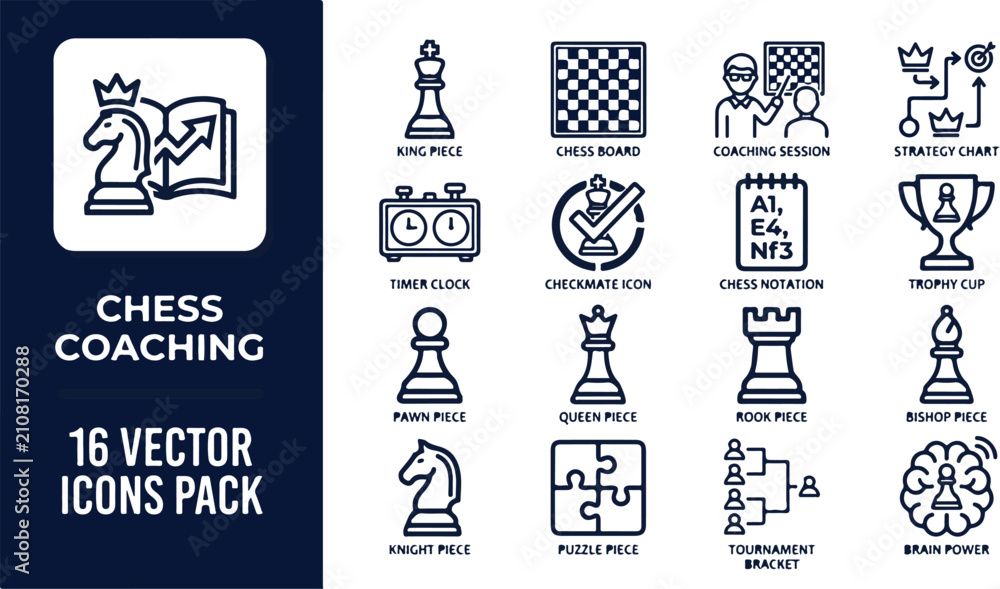 Fototapeta premium Comprehensive Collection of Strategic Chess Coaching and Professional Tournament Training Vector Line Icon Set.