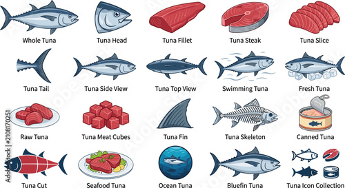 Tuna Fish and Seafood Icon Collection Featuring Whole Bluefin Fillets Steaks Canned Tuna Cubes and Culinary Commercial Graphic Design Elements