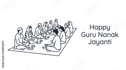 Line art illustration of people sitting together for a communal meal during Guru Nanak Jayanti.