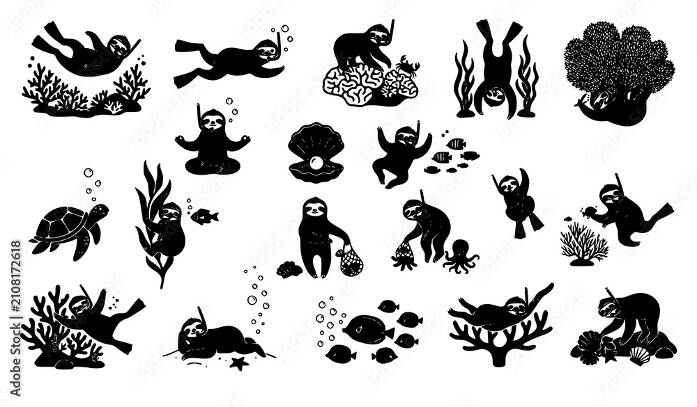 Obraz premium Humorous Sloth Underwater Snorkeling Silhouette Bundle with Tropical Ocean Elements Vector Illustration