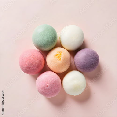 Seven colorful mochi balls ...