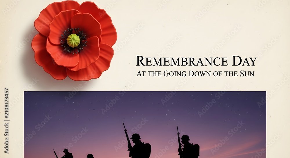 Obraz premium Remembrance Day commemorative poster featuring a red poppy and soldiers at sunset.