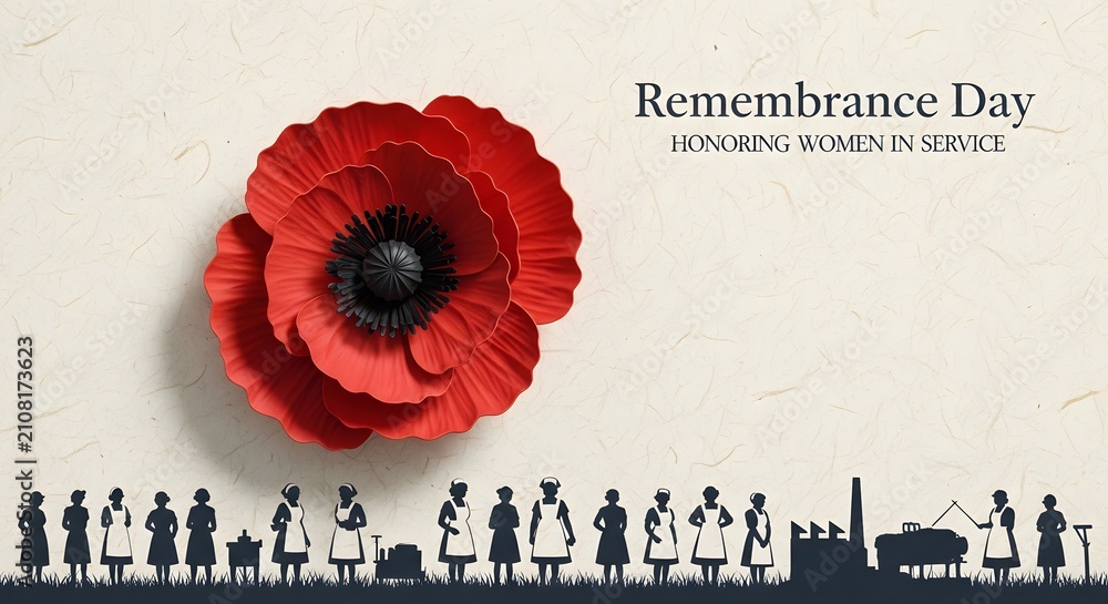 Fototapeta premium Remembrance Day graphic featuring a red poppy and silhouettes of women in service.