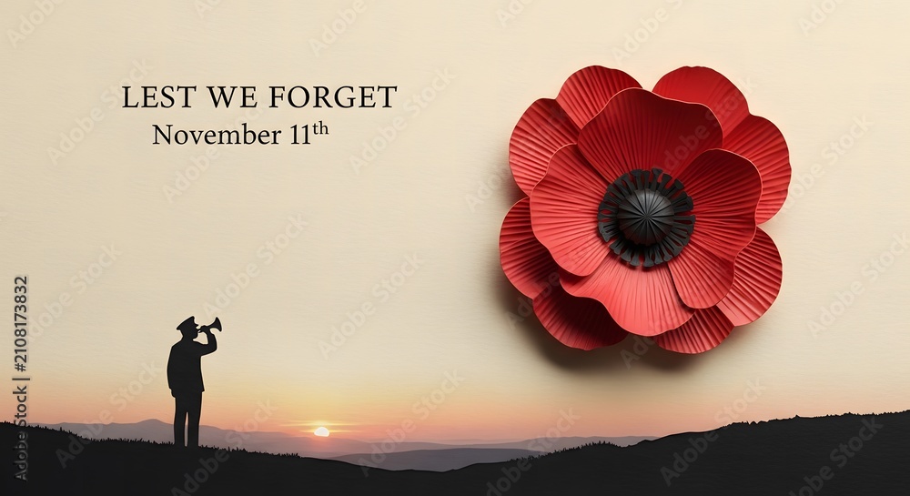 Fototapeta premium Remembrance Day tribute with a red poppy and a soldier silhouette.