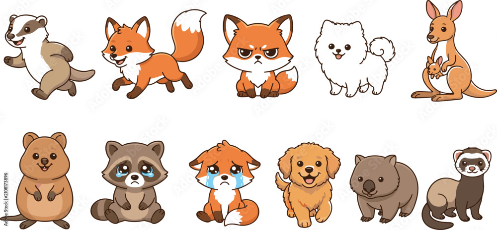 Fototapeta premium Cute Mixed Wild and Domestic Animal Character Vector Bundle Featuring Kawaii Fox, Puppy, Raccoon, and Kangaroo Cartoons for Nursery Stickers, Emoji Icons, and Kids Graphics