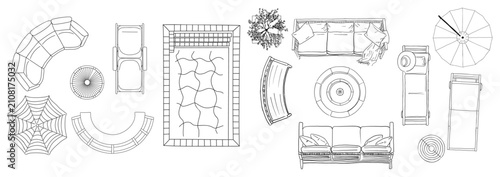 Billede på lærred Blueprints show poolside patio layout with furniture and decor