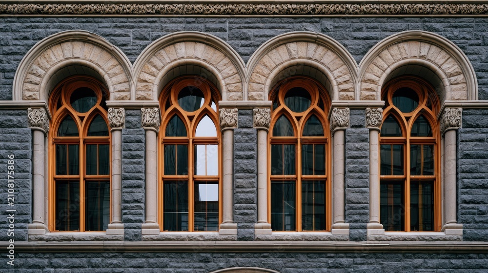 Obraz premium Four ornate, arched windows with wooden frames on a dark gray stone building.