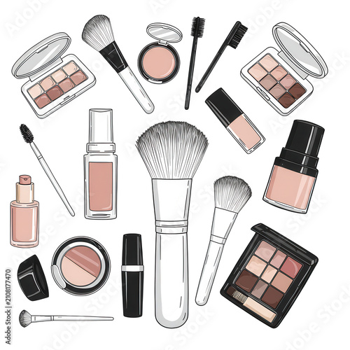 Collection of various makeup products and brushes isolated on transparent background
