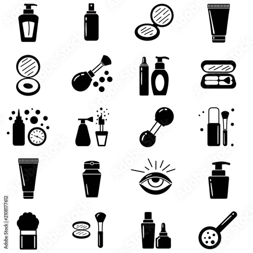 Set of black and white cosmetic and beauty icons isolated on transparent background