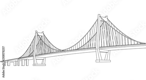 Modern suspension bridge architectural illustration on white background