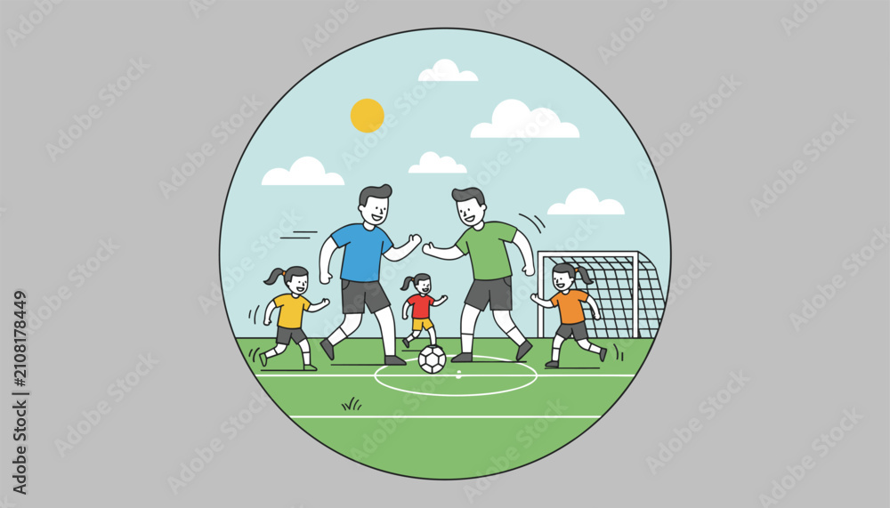 Fototapeta premium Family playing soccer on a grassy field with a goal net in a circular framed flat vector illustration for family sports and activity.