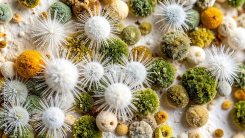 A macro view of various spherical fungal growths on a textured surface