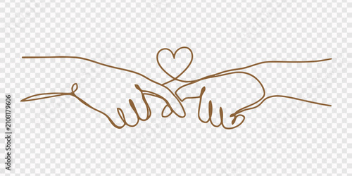 Obraz na płótnie Continuous one line drawing of two hands making a pinky promise gesture connected by a small heart symbol, transparent background,  symbol of love, trust, and commitment, minimal monoline vector pro