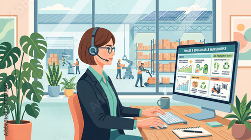 Female warehouse manager in headset monitoring smart sustainable warehouse dashboard with warehouse view, automated sorting, solar power metrics and eco packaging flat vector illustration