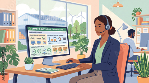Female operator wearing headset monitoring smart sustainable warehouse dashboard, solar power metrics, automated sorting and eco packaging flat vector illustration
