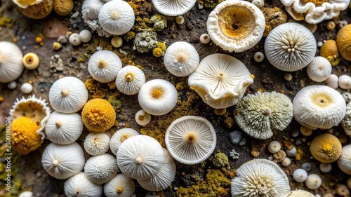 A high angle view of many small white and yellow mushrooms growing on the forest floor