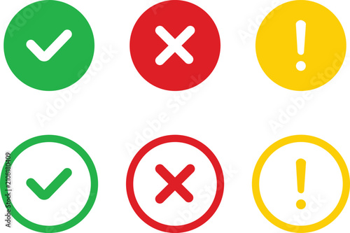 Green Check Mark Red Cross Mark and Yellow Exclamation Point Icon Set, Flat and Outline Circle Status Symbols Vector Illustration Isolated on White Background