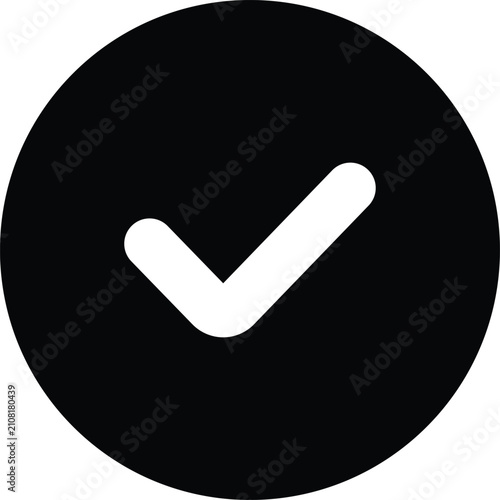 Black Circle Check Mark Icon Vector Illustration, White Tick Symbol in Filled Circle Flat Button Isolated on White Background