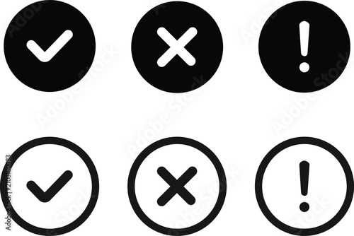 Black Check Mark Cross Mark and Exclamation Point Icon Set, Monochromatic Tick Cross Warning Circle Symbols Vector Illustration Isolated on White Background