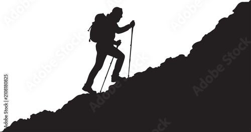 Foto Hiker climbing steep mountain trail with trekking poles