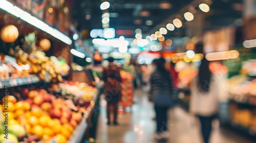 Blurred vibrant produce market aisle with colorful fruits and vegetables on display, shoppers browsing, and warm ambient lighting creating inviting atmosphere.