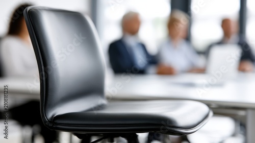 An empty office chair in the foreground with blurred figures of people in the background at a meeting table