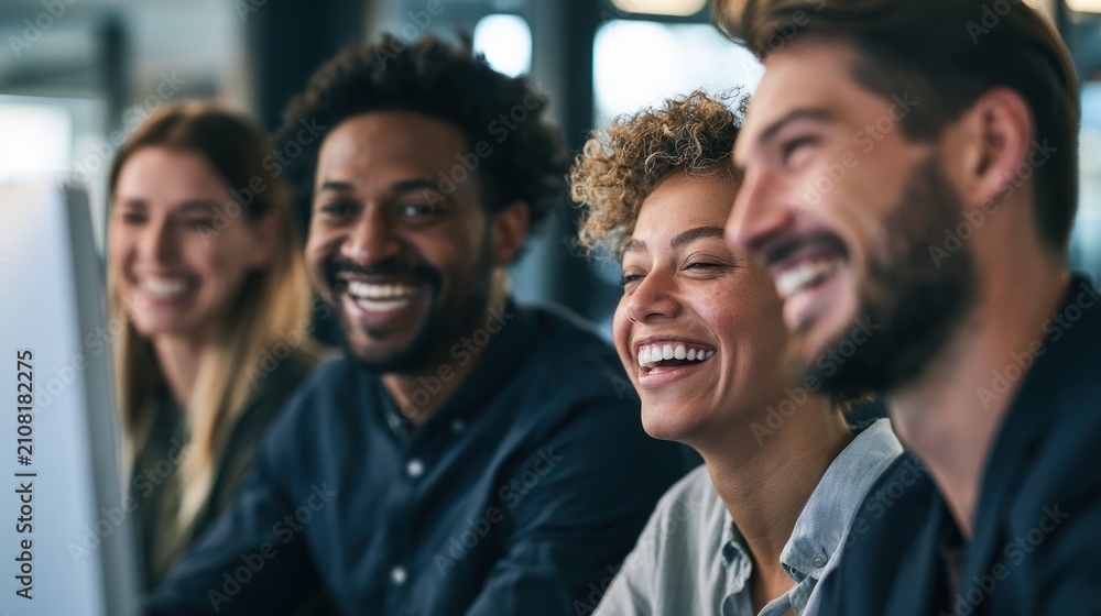 Fototapeta premium Four people sitting in a row, smiling and laughing together.