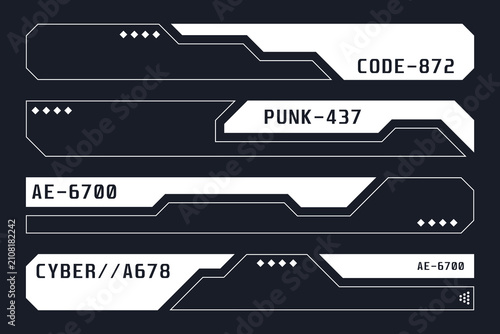 Set of four futuristic digital interface banners with geometric shapes and technical text labels