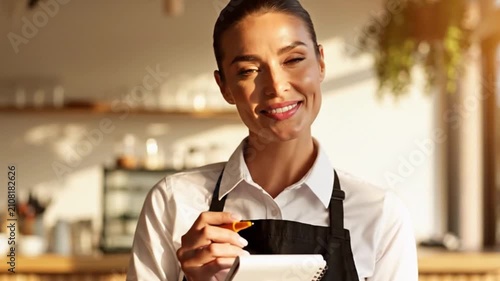 Smiling Waitress Writing customer Order on Notepad in Cafe or Restaurant 